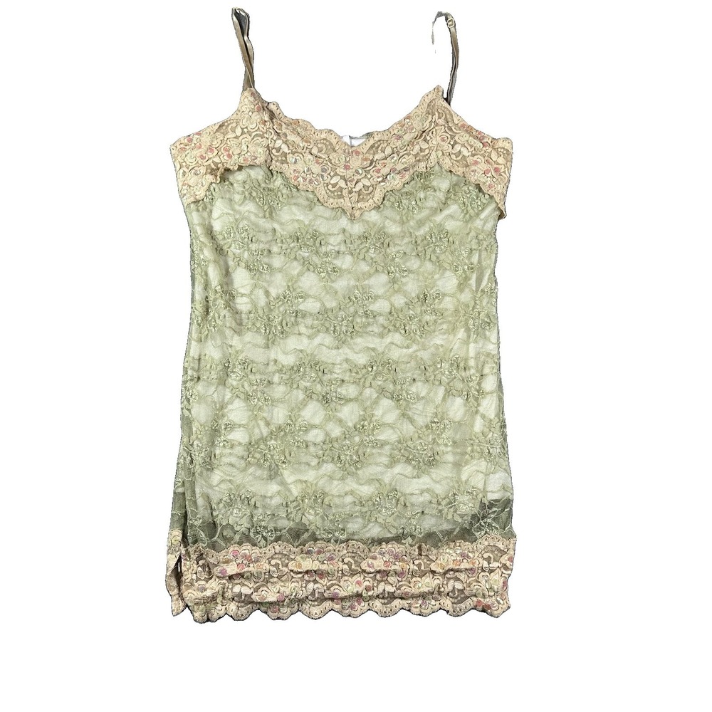 VTG Y2K Green Floral Lace Camisole Tank Top Women M Beaded Fairy Grunge Cami 90s